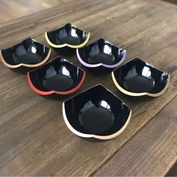 Asian Small Cup Set of 6 black with color trim - Picture 1 of 13
